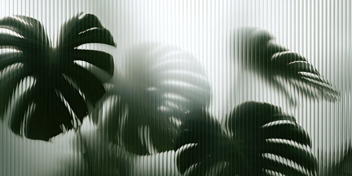 Lush green leaves behind frosted glass create a soft, ethereal jungle vibe