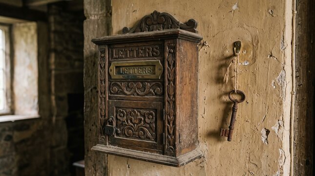 Antique wooden post box with carved ornaments and brass slot hanging on a weathered wall next to old keys in a rustic stone cottage