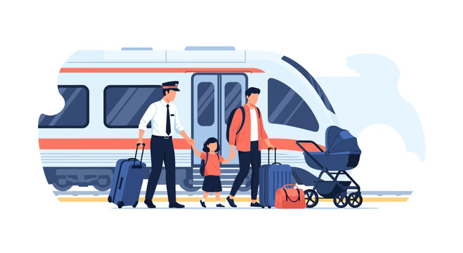 Train conductor assisting a father and child with luggage at a modern railway station