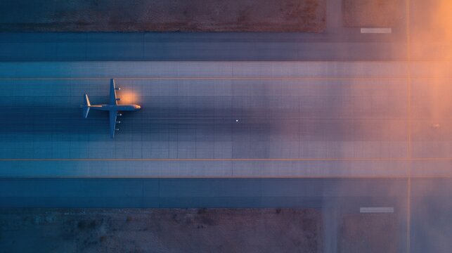 An aerial view of an airplane on a runway surrounded by soft glowing light at dusk