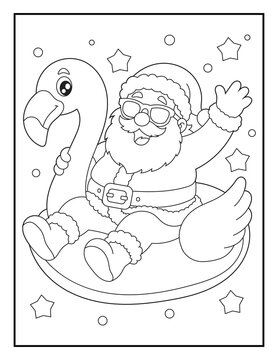 Funny Santa Claus Riding a Flamingo Float. Printable  Holiday Coloring Page for Kids