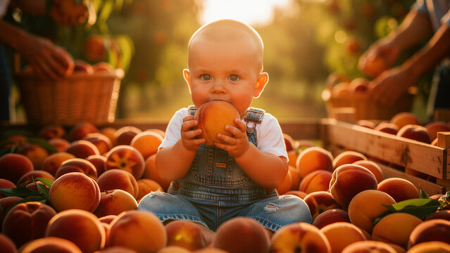 Baby sitting in peaches at orchard. Toddler eating ripe fruit during sunset harvest. Healthy eating and farming concept for organic marketing.