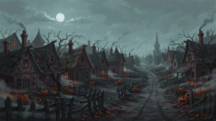 Obraz premium A spooky medieval village street glowing under a full moon on Halloween night
