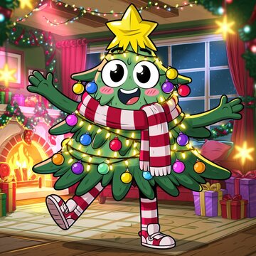 Cheerful Christmas Tree Cartoon Character Dancing in Cozy Holiday Room with Gifts