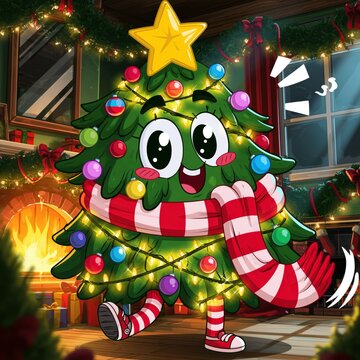 Cheerful Christmas Tree Cartoon Character Dancing in Cozy Holiday Room with Gifts