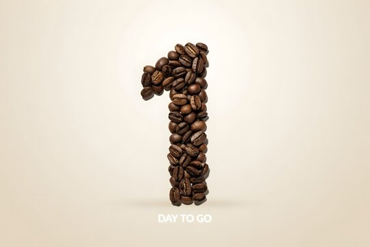 Number one shape made of roasted coffee beans on a light beige background