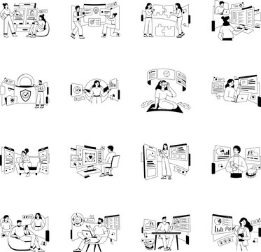 Glyph illustrations showing e-commerce, workflow, teamwork, programming, security, monitoring, VR, blog design, onboarding, data, engagement, AI, servers.

