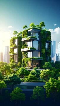 Modern high rise building with lush vertical garden facade.