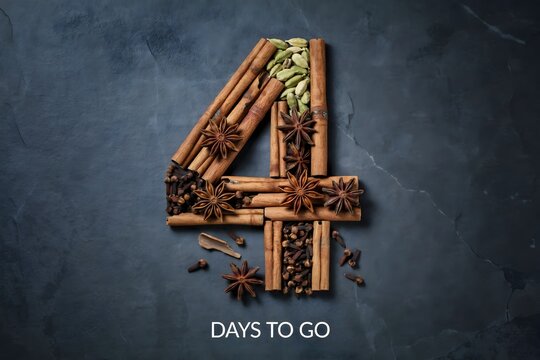 Number four formed with aromatic spices and cinnamon sticks on a dark stone background