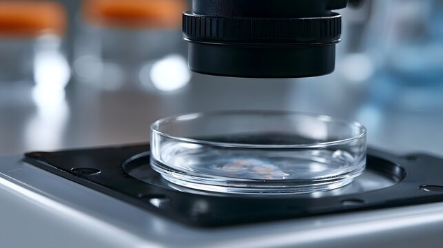 Close up of a microscope focusing on a transparent petri dish with biological sample under controlled laboratory lighting