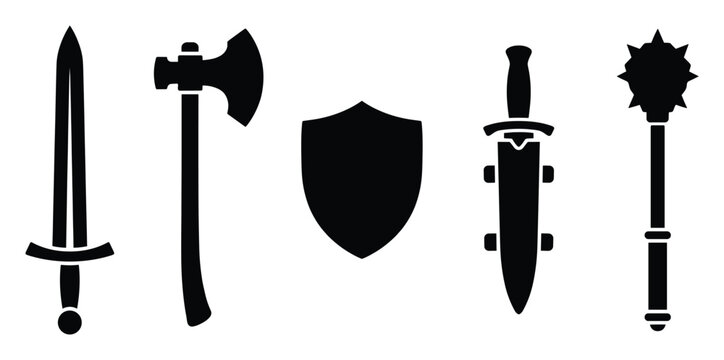 Set of medieval weapon icons. Ancient arms, battle gear, war tools including sword, axe, shield, dagger, mace symbols. Glyph, solid pictogram for games, history, combat.