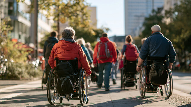 Gruppe Rollstuhlfahrer in roten Jacken von hinten bei Charity-Lauf oder Marathon auf Parkweg, Herbstfarben
