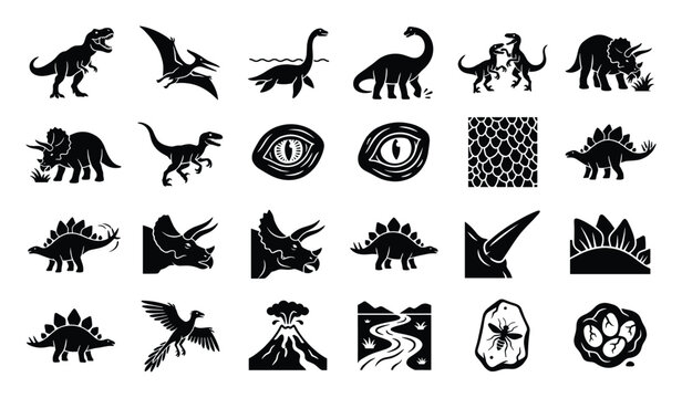 Dinosaur icons set. Tyrannosaurus, Triceratops, Stegosaurus, Velociraptor, Pteranodon, Plesiosaur, Brontosaurus symbols. Prehistoric animals, ancient reptiles, Jurassic era silhouettes.