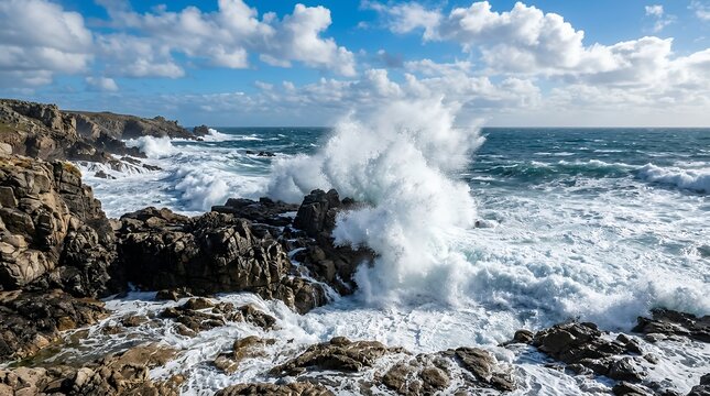 Dramatic Natural Seascape Showing Splashing Sea Waves Crashing Against Coastal Rocks Under Bright Daylight Background natural seascape ocean waves rocky coast sea waves waves crashing bright daylight