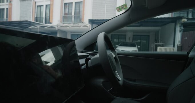 Smart business woman drive EV car use GPS navigator transport technology
