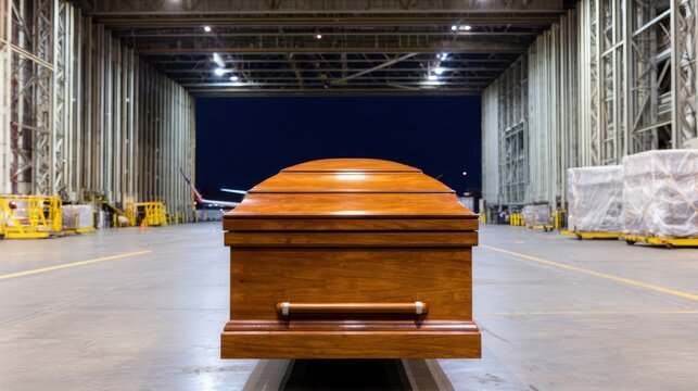 A wooden coffin positioned in a spacious warehouse at night, with dim lighting and large structures