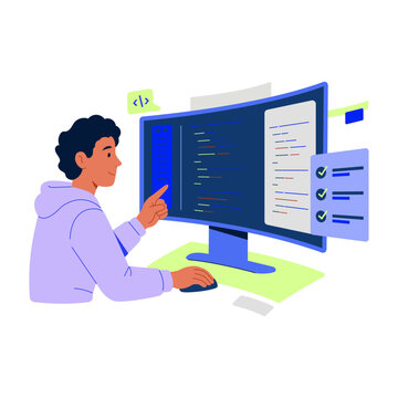 A developer works at dual monitors filled with code, interface panels, and technical screens, illustrating focused coding and programming activity.