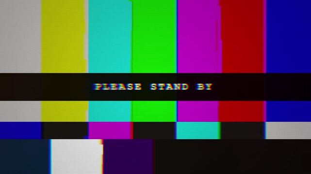 Colorful TV Screen with Static and Test Pattern  with Please Stand By Message and Color Bars