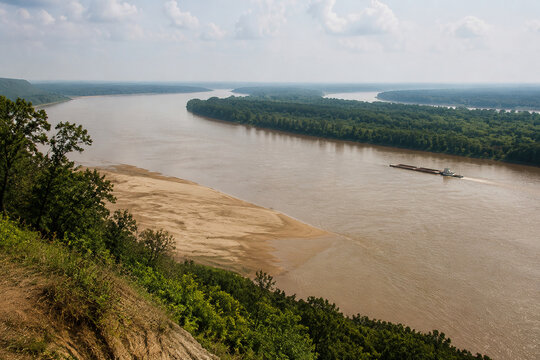 View from high bluff of wide brown river bending through low green forest, sandbar, tugboat and barge downstream, Mississippi River landscape
