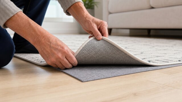 Adult hands placing nonslip underlay beneath a neutral area rug, ideal for trip prevention, senior home safety and practical aging in place upgrades