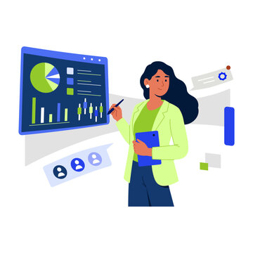 A woman holds a tablet beside a large analytics dashboard with charts, graphs, and metrics, reviewing website performance and visitor data trends.