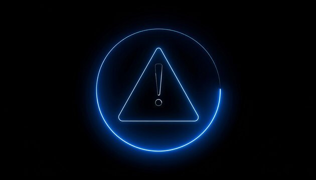 Glowing Neon Blue Exclamation Mark in a Triangle Warning Sign Inside a Circle on a Black Background