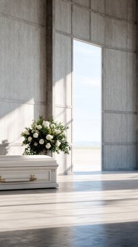 A serene interior space featuring a white coffin adorned with flowers, illuminated by natural light