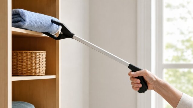 Mature hand using a reaching aid to retrieve a folded towel from a high shelf, ideal for mobility support and independent daily living