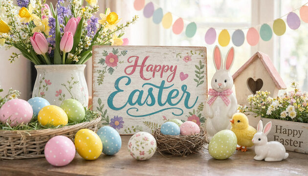 Colorful Easter decorations with eggs and flowers on a wooden table  