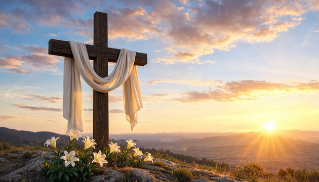 Wooden cross adorned with white cloth and lilies at sunset  