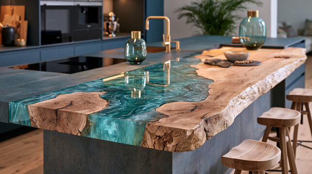 K&uuml;chenarbeitsplatte aus Holz mit blauem Epoxidharz in modernem Ambiente, edles Interior-Design-Motiv f&uuml;r K&uuml;chenwerbung.