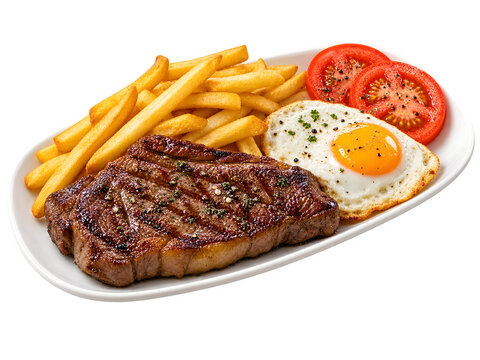Plato combinado de bistec de ternera con huevo frito, patatas fritas y rodajas de tomate. Sin fondo, fondo transparente.