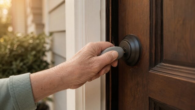 Older hand using an ergonomic key turner at a front door, ideal for dexterity support, accessible products and independent living