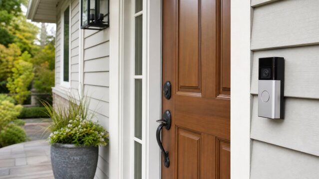 Generic video doorbell beside a well-lit accessible entrance, ideal for home security, visitor awareness and independent senior living at home