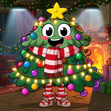 Cheerful Christmas Tree Cartoon Character Dancing in Cozy Holiday Room with Gifts