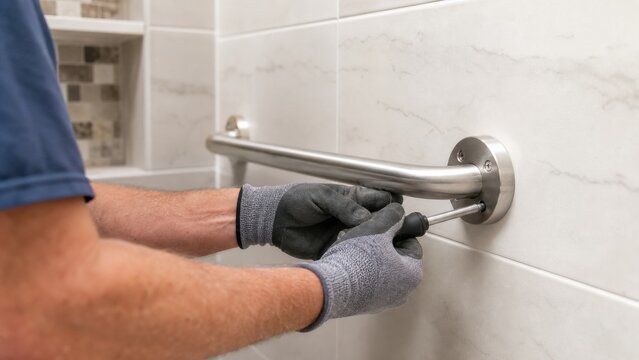 Worker installing a stainless grab bar on a tiled shower wall, ideal for accessible renovation, bathroom safety and aging in place