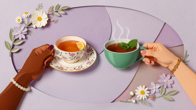 Two hands of different ethnicities holding cups of tea in a paper-cut art style. Creative paper craft illustration featuring steam, herbal garnishes, and delicate floral accents. Diversity and.