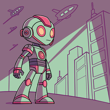 Chibi robot in futuristic cityscape.