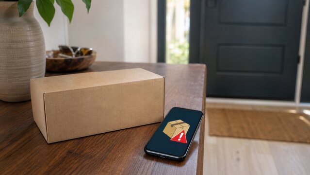 Fraudulent parcel notification on a smartphone beside a plain package, ideal for delivery scam awareness and consumer protection
