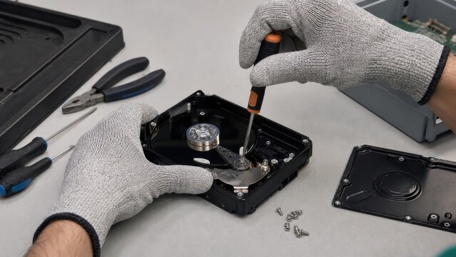 Technician hands disabling an old hard drive before recycling, ideal for secure data destruction, privacy and electronics disposal