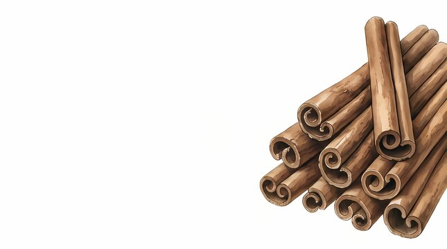 A detailed watercolor illustration of a stack of cinnamon sticks positioned on the right side over a white background