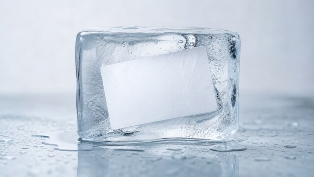 Blank payment card sealed inside a clear block of ice, ideal for credit freeze, identity theft prevention and financial security concepts