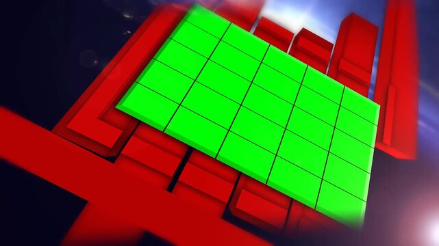 Global Network News Broadcast Intro with Red 3D Display Frame and Green Screen Panel 