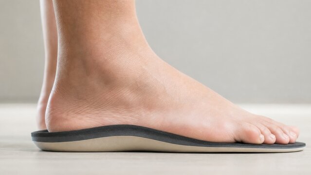Bare adult foot resting naturally on a simple orthopedic insole, ideal for podiatry, arch support and everyday foot health