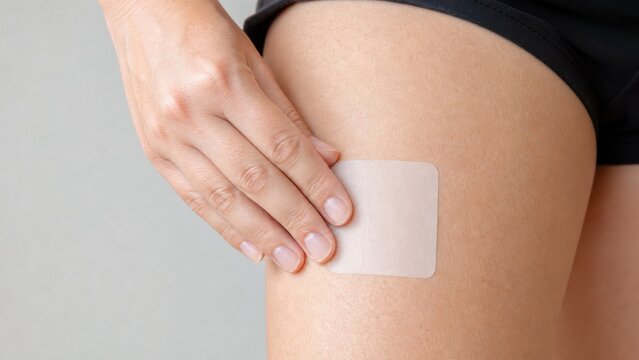 Adult hand applying a square transdermal medication patch to the outer thigh, ideal for pharmaceutical therapy and medical self-care