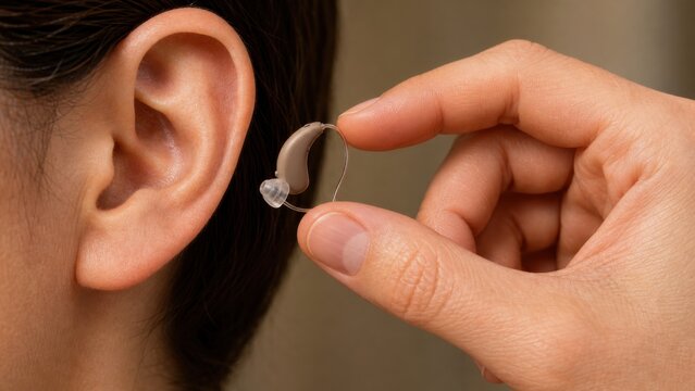 Adult hand holding a tiny hearing aid beside an ear with the face excluded, ideal for audiology, accessibility and hearing healthcare