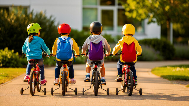 Group of children riding bicycles with training wheels towards a building. Kids wearing colorful safety helmets and backpacks during a sunny commute. Early childhood education and health concept.