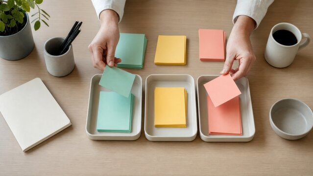 Adult hands sorting blank color-coded task cards into trays, ideal for visual organization, ADHD support and workplace productivity