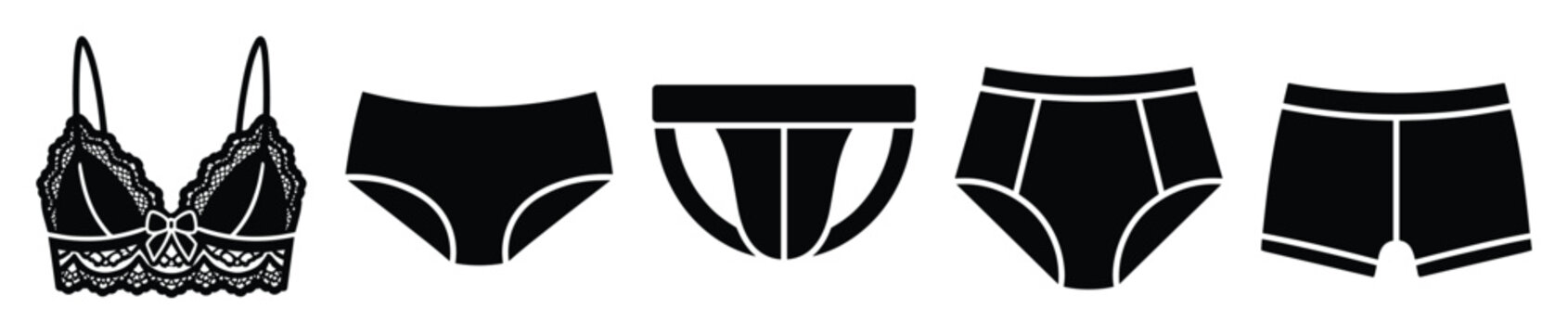 Set of underwear icons. Diverse lingerie, bras, panties, briefs, boxers, jockstrap silhouettes. Male and female intimate apparel collection. Modern garment symbols.