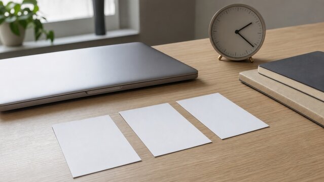 Blank message cards beside a closed laptop and clock, ideal for asynchronous communication, focused work and inclusive teams